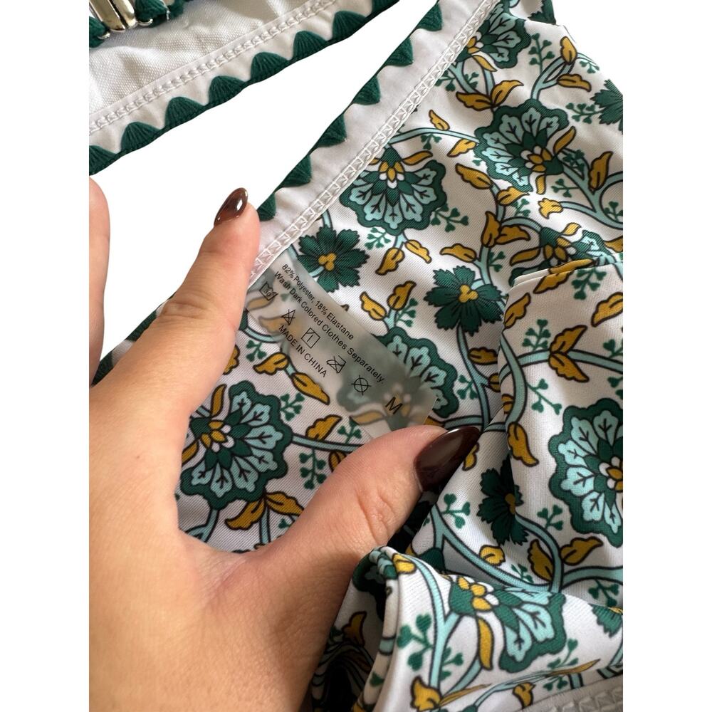 SHEIN Floral Print Bikini Set Green White Scallop Trim High Leg Swimsuit Medium - Picture 5 of 6